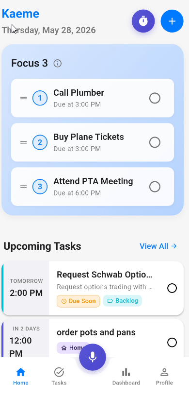 Kaeme app showing Focus 3 tasks and upcoming reminders