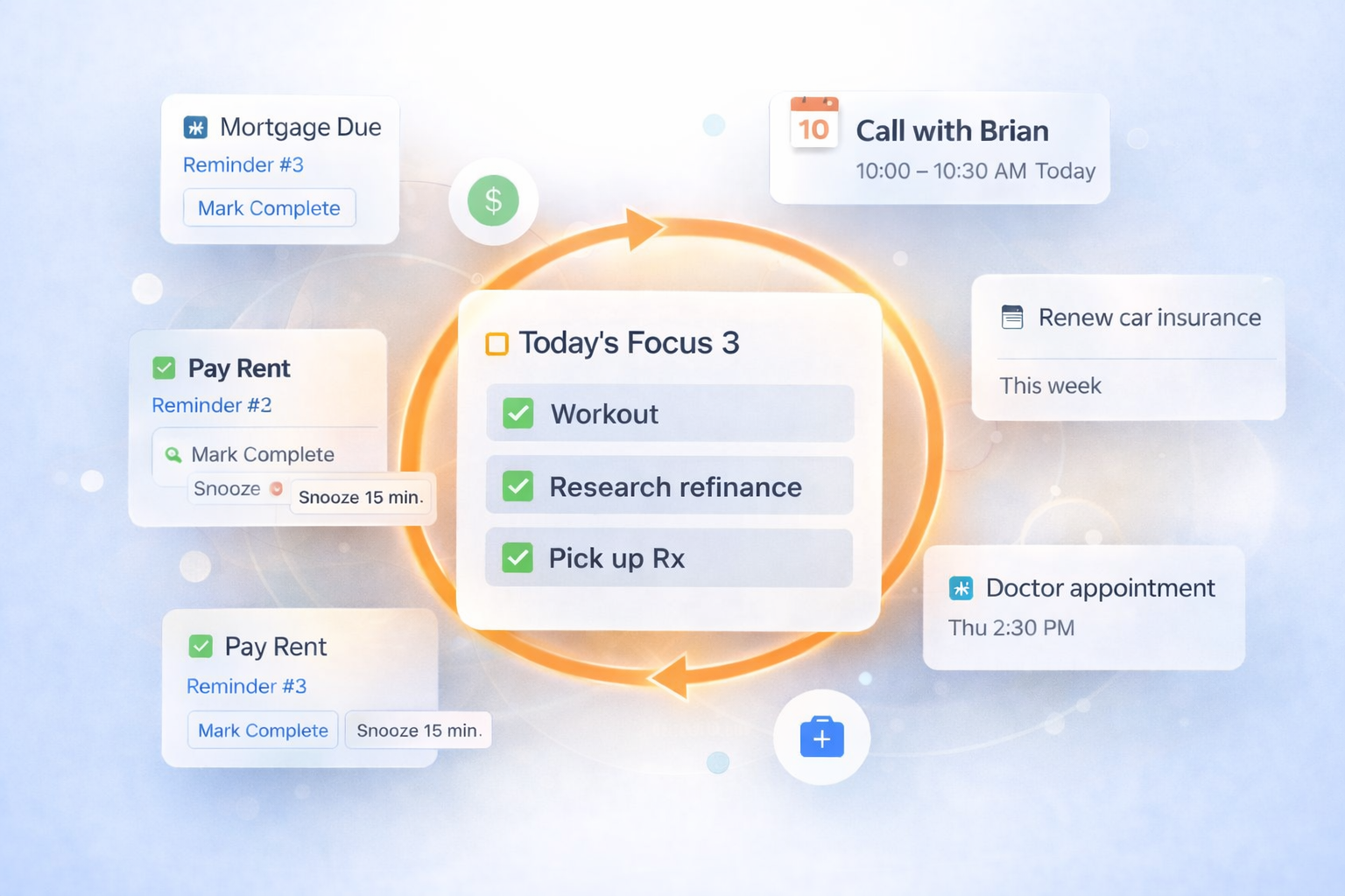 Kaeme app interface showing tasks and Focus 3